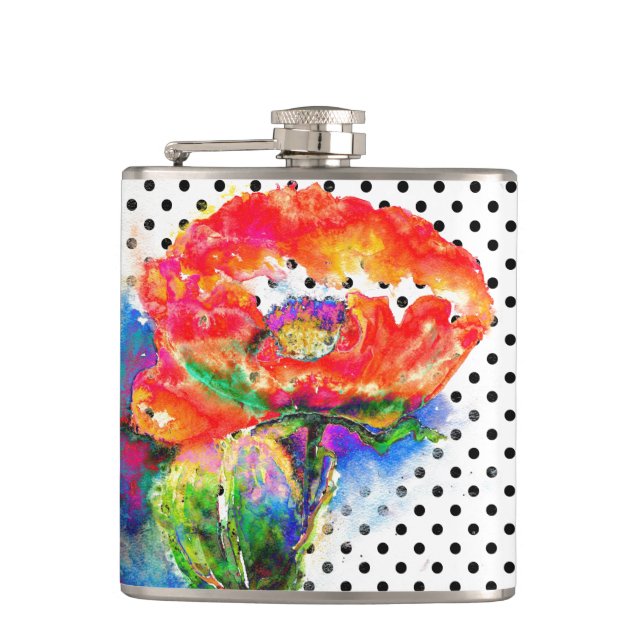 Red Poppy  black and white polka-dots Flask (Front)