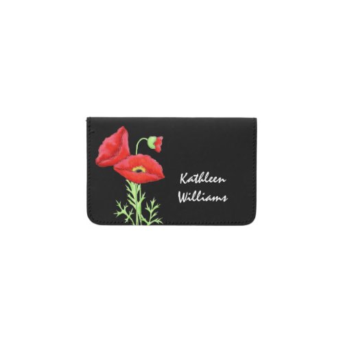 Red Poppy Black Name Personalized Business Card Holder