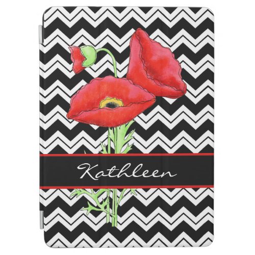 Red Poppy Black White Chevron Name Personalized iPad Air Cover