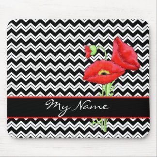 Red Poppy Black & White Personalize Chevron Zizzag Mouse Pad