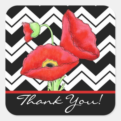 Red Poppy Black  White Thank You Chevron Zizzag Square Sticker