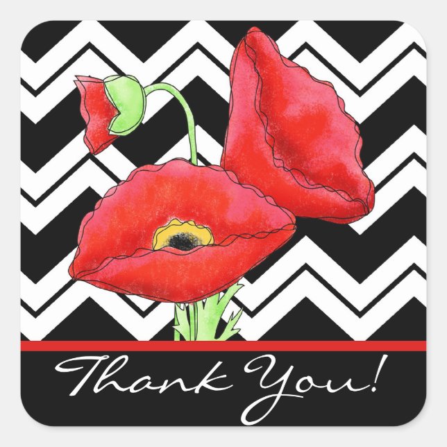 Red Poppy Black & White Thank You Chevron Zizzag Square Sticker (Front)