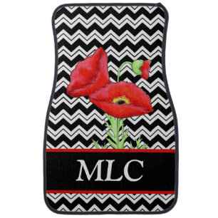 Red Poppy Black White Zizzag Chevron Monogram Car Floor Mat