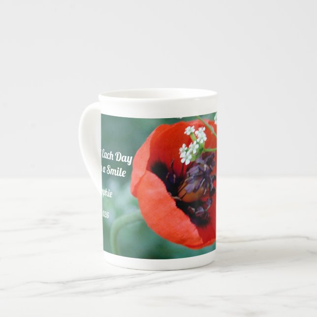 Red Poppy Bloom with Grace Bone China Mug (Front Left)