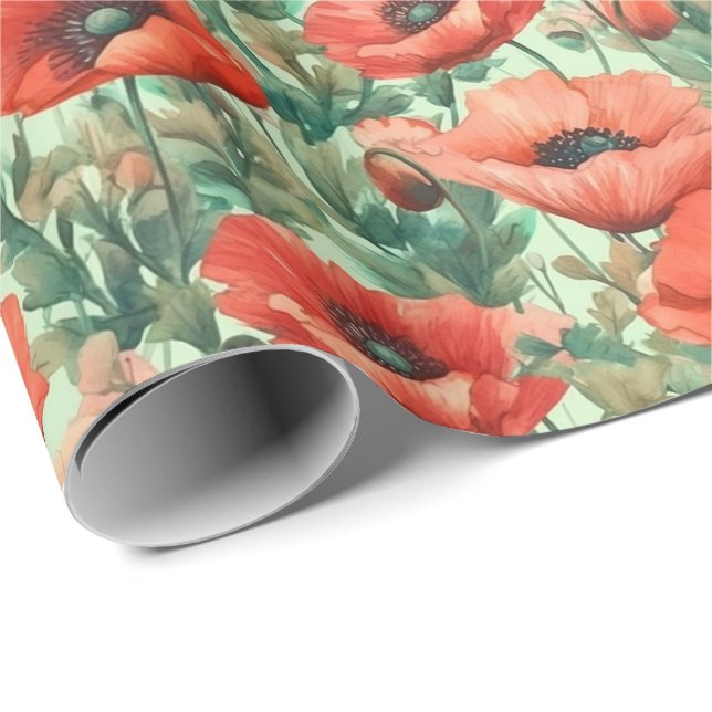 Red Poppy, Blossoming Poppies Wrapping Paper (Roll Corner)