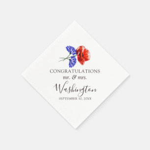 Red Poppy & Blue Cornflower Name & Wedding Date Napkins