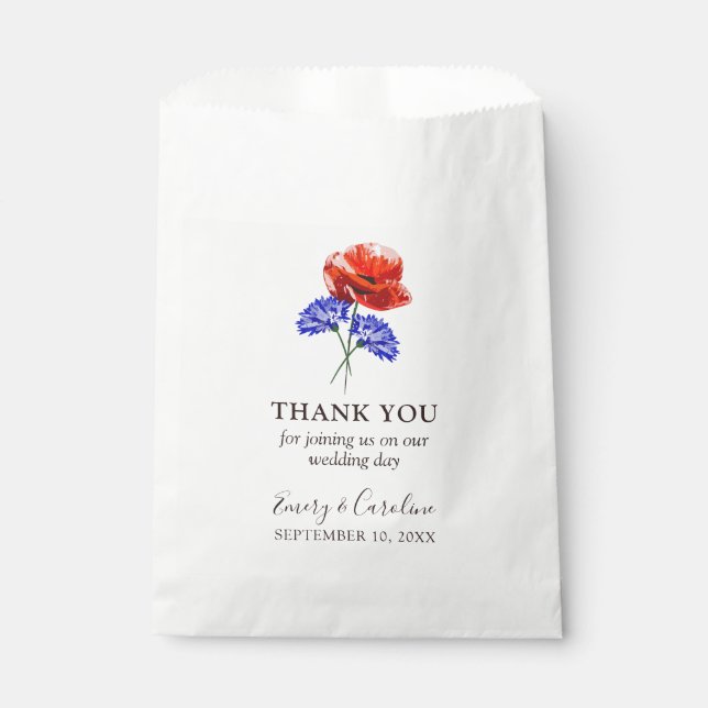 Red Poppy Blue Cornflower Rustic Wedding Thank You Favor Bag (Front)