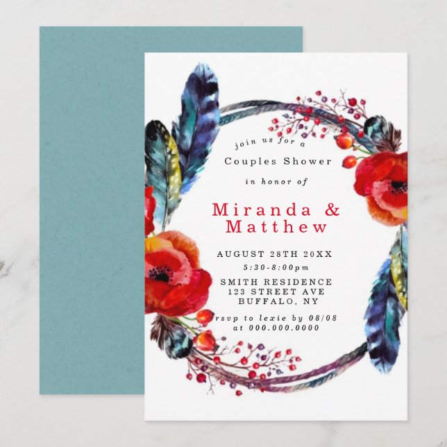 Red Poppy Boho Feathers Couples Shower Invite (Front/Back)