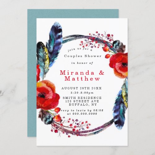 Red Poppy Boho Feathers Couples Shower Invite