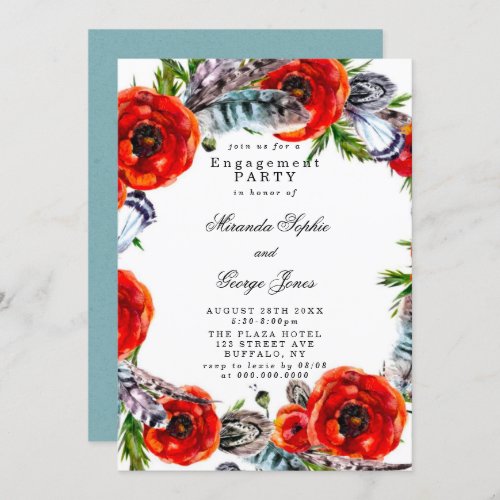 Red Poppy Boho Feathers Engagement Party Invitation