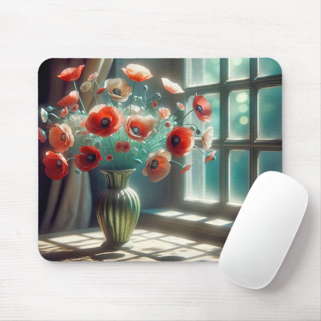 Red Poppy Bouquet in Sunny Window Mouse Pad (With Mouse)