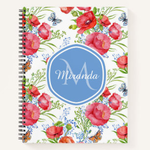 Red Poppy Butterfly Monogram Name Notebook