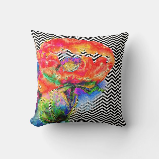 Red Poppy -chevron Throw Pillow (Front)