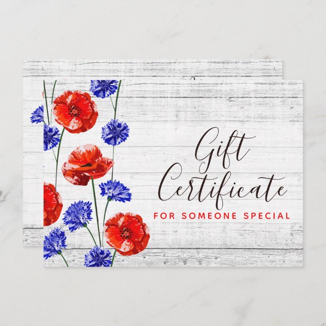 Red Poppy Cornflower Rustic Gift Certificate Card (Front/Back)