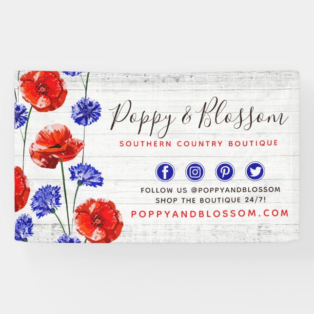 Red Poppy & Cornflower Rustic Wood Floral Boutique Banner (Horizontal)