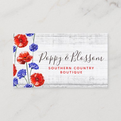 Red Poppy  Cornflower Rustic Wood Floral Boutique Business Card