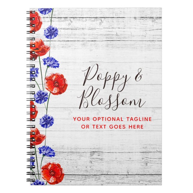 Red Poppy & Cornflower Rustic Wood Floral Boutique Notebook (Front)