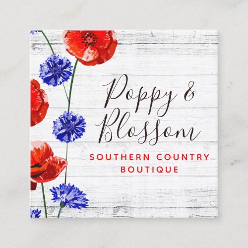 Red Poppy  Cornflower Rustic Wood Social Media Square Business Card