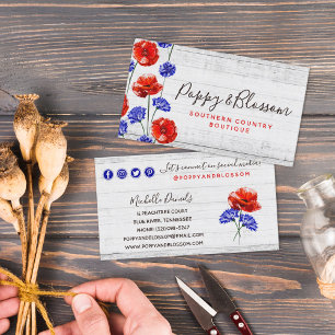 Red Poppy & Cornflower Rustic Wood Social Network Business Card