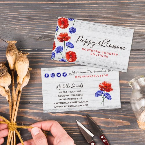 Red Poppy  Cornflower Rustic Wood Social Network Business Card