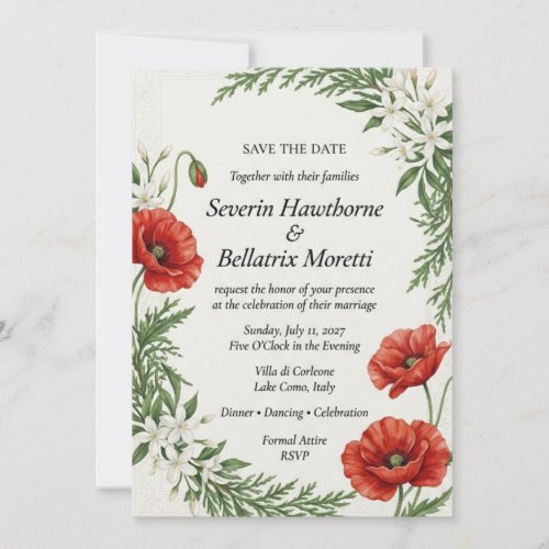 Red Poppy & Cypress Botanical Elegant Save Invitation