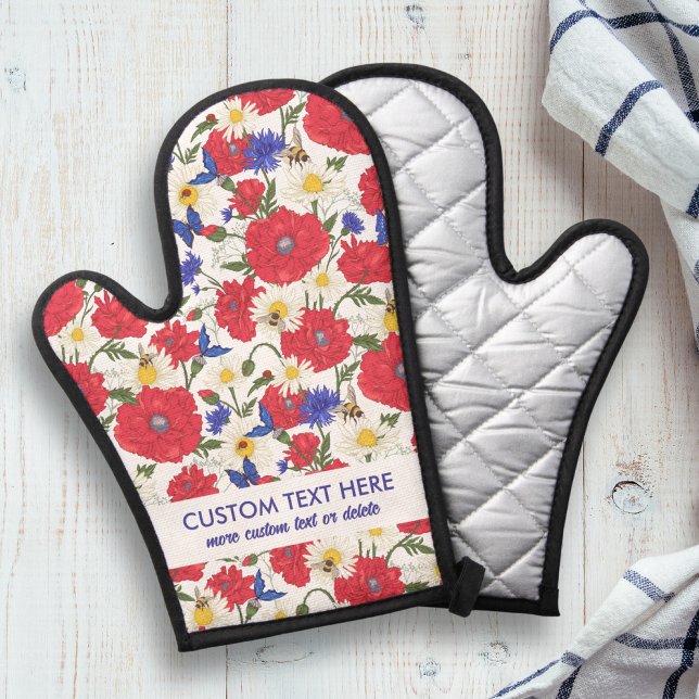 Red Poppy Daisy Floral Pattern Add Custom Text Oven Mitt (Creator Uploaded)