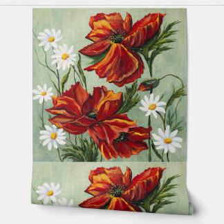Red Poppy & Daisy Floral Wallpaper Wallpaper