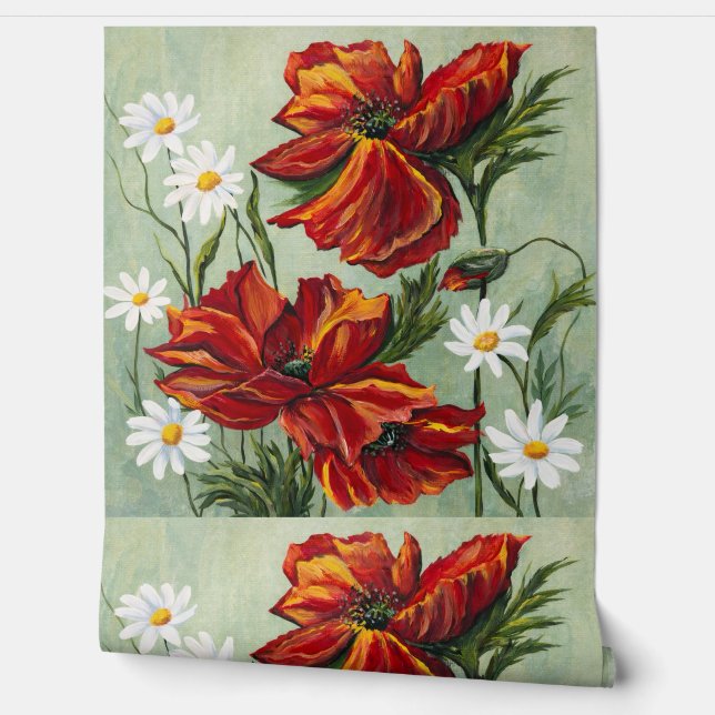 Red Poppy & Daisy Floral Wallpaper Wallpaper (Unrolling)