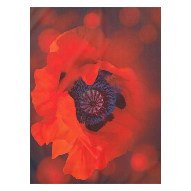 Red Poppy Dark Background & Bokeh Effect Tablecloth (Front)