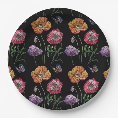 Red Poppy dark Flowers Pattern Paper Party Plate