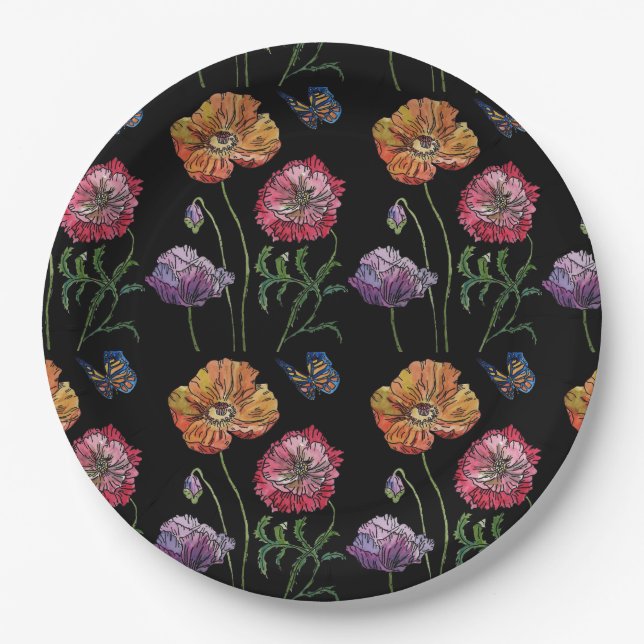 Red Poppy dark Flowers Pattern Paper Party Plate (Front)