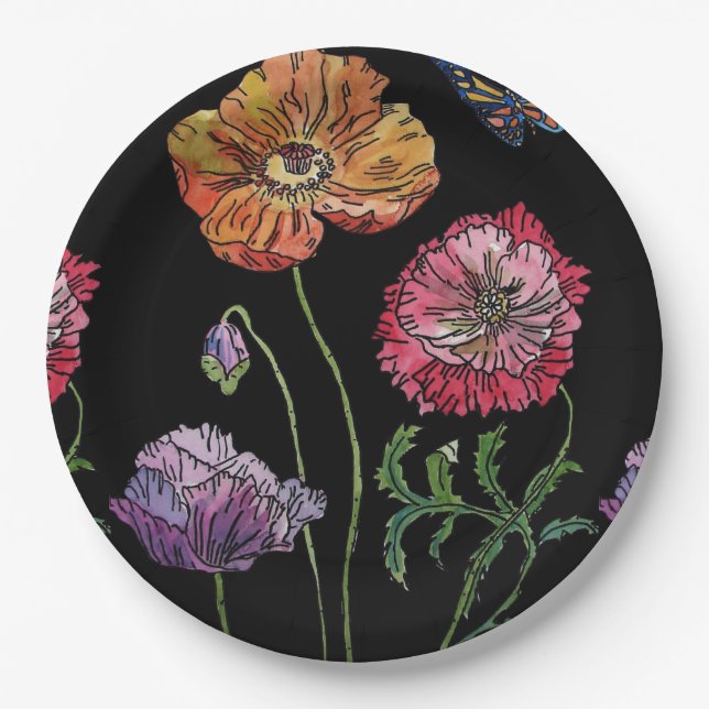 Red Poppy dark Flowers Pattern Paper Party Plate (Front)