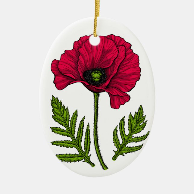 Red poppy drawing 3 ceramic ornament (Front)