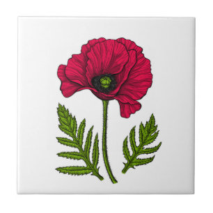 Red poppy drawing 3 ceramic tile