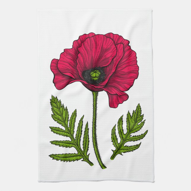 Red poppy drawing 3 kitchen towel (Vertical)