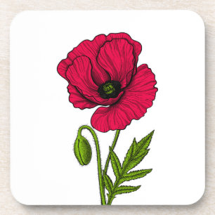 Red poppy drawing beverage coaster