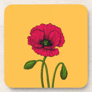 Red poppy drawing beverage coaster