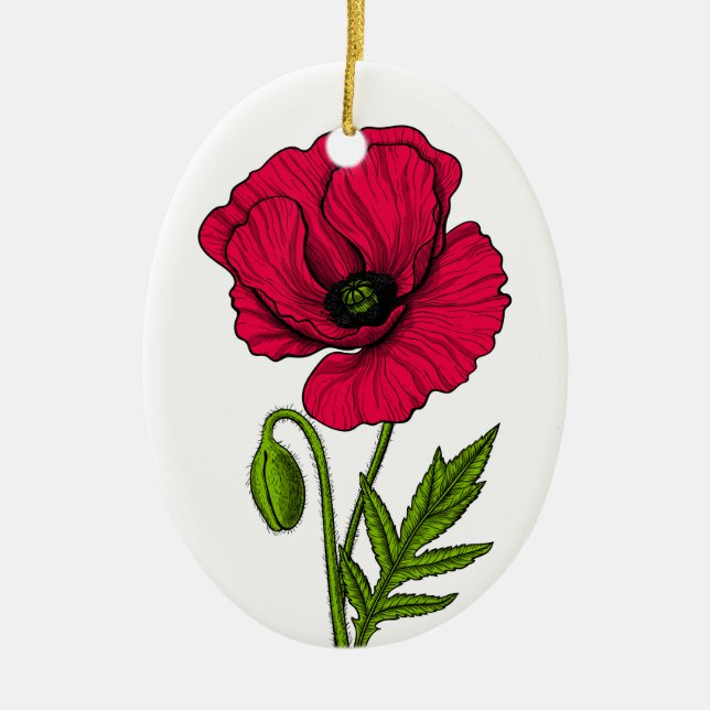 Red poppy drawing ceramic ornament (Front)