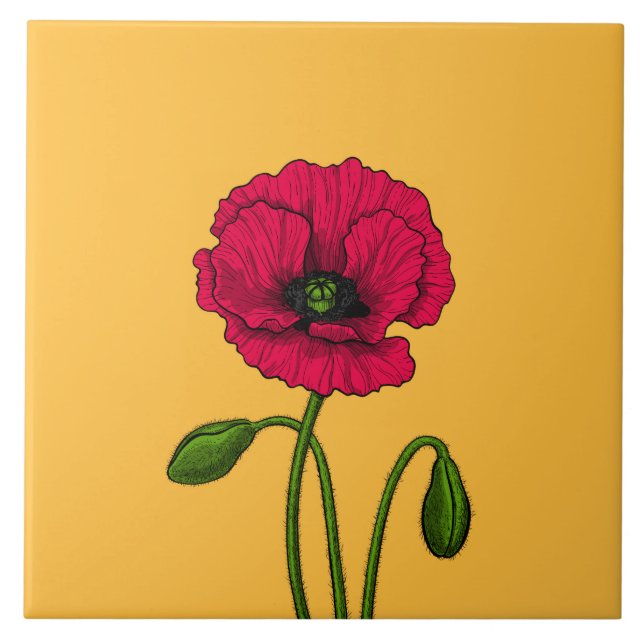 Red poppy drawing ceramic tile (Front)
