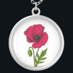 Red poppy drawing silver plated necklace<br><div class="desc">Hand drawn vector illustration of a red poppy flower</div>