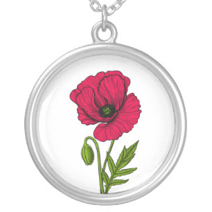 Red poppy drawing silver plated necklace