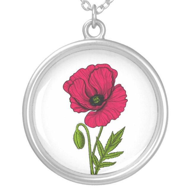 Red poppy drawing silver plated necklace (Front)