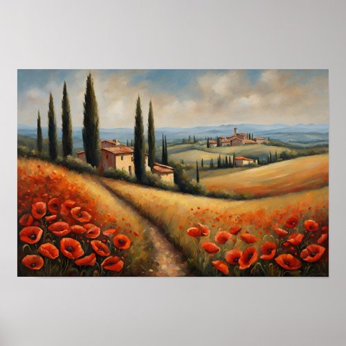 Red Poppy Field Near Village Poster