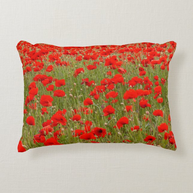 Red poppy field of flowers tie accent pillow (Front)