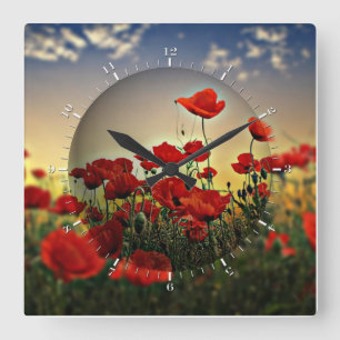 Red Poppy Field Square Wall Clock