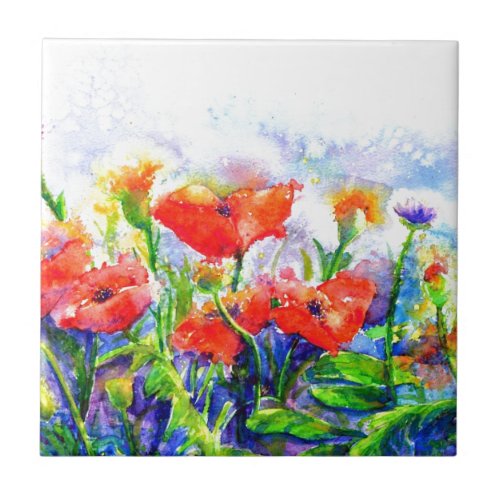 Red Poppy Fields _watercolor floral painting Ceramic Tile