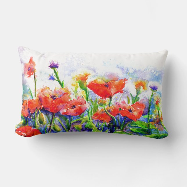 Red Poppy Fields -watercolor floral painting Lumbar Pillow (Front)