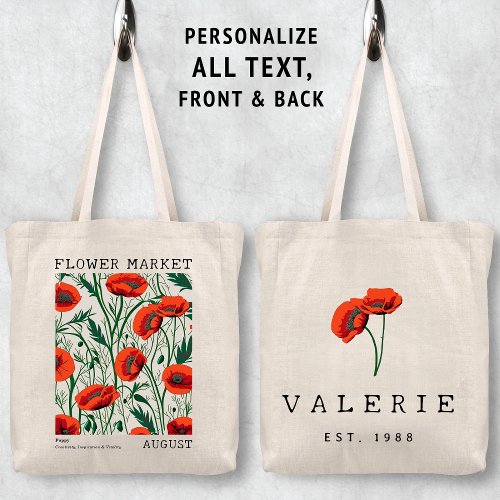 Red Poppy Floral August Birth Flower Market Name Tote Bag