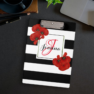 Red Poppy Floral Black & White Stripe Monogram Clipboard