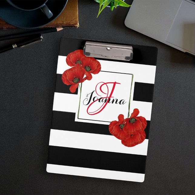 Red Poppy Floral Black & White Stripe Monogram Clipboard (Creator Uploaded)
